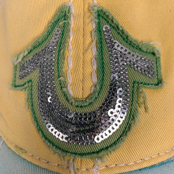 True Religion Distressed Green Yellow Blue Hat Y2K Strapback Cap main image 13